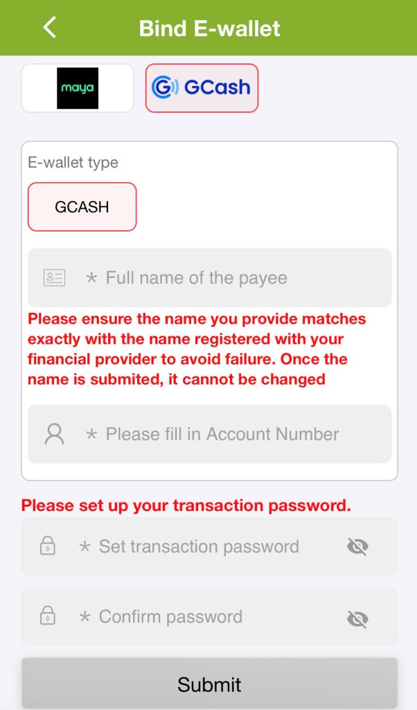 Step 3: Fill in e-wallet information and transaction password